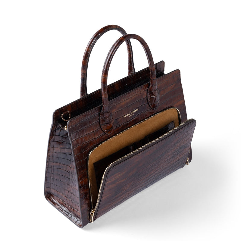 Isabel Bernard Honoré Nadine croco marron sac à main en cuir de veau avec compartiment pour ordinateur portable 13 pouces IB25110-230-13-zoom-