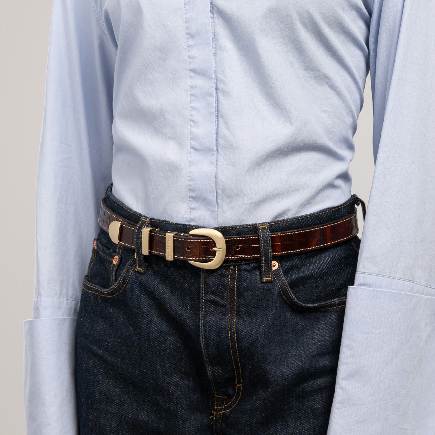 Isabel Bernard Rêveur Mathilde Croco Brown calfskin belt with gold-coloured buckle IB60020-230-90