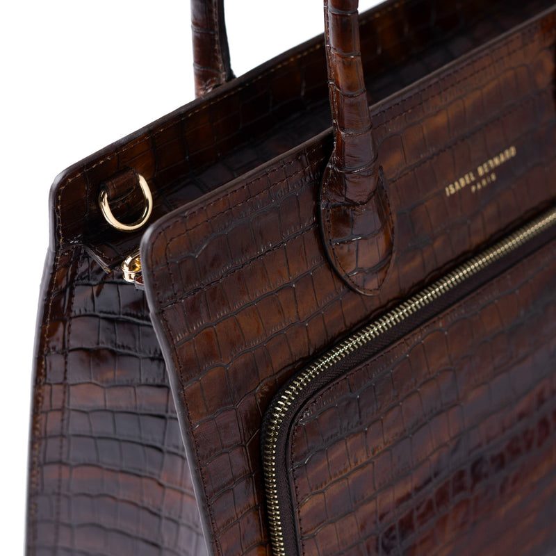 Isabel Bernard Honoré Nadine croco marron sac à main en cuir de veau avec compartiment pour ordinateur portable 13 pouces IB25110-230-13-zoom-