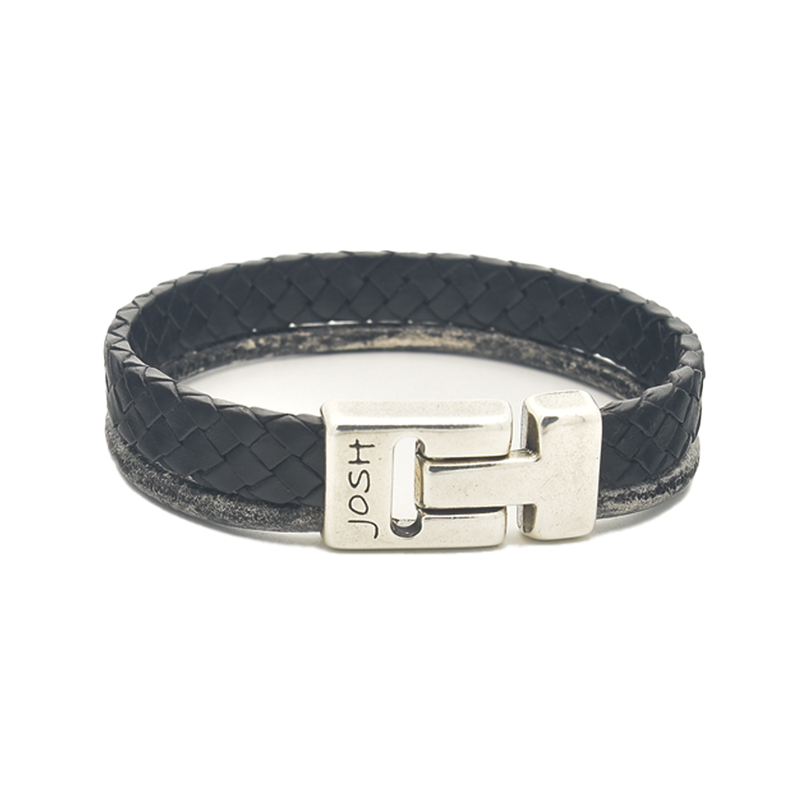 Josh Black Leather Bracelet 25040SL/BLCK/LRG-zoom-